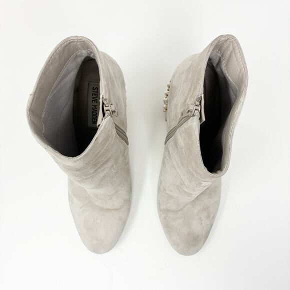 Steve Madden Yvette Gray Taupe Suede Faux Pearl Studded Block Heel Booties 8 - Picture 4 of 9